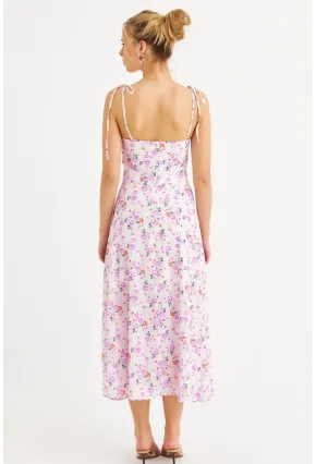 Kadın Ekru-Pembe İp Askılı Çiçekli Midi Elbise ERL10013