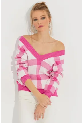 Kadın Ekru-Pembe V Yaka Ekose Triko Kazak TH1102