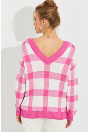 Kadın Ekru-Pembe V Yaka Ekose Triko Kazak TH1102