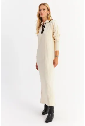 Kadın Ekru Polo Yaka Triko Maxi Elbise MNUV17