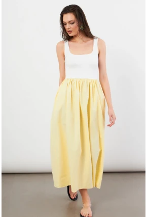 Kadın Ekru-Sarı Kare Yaka Paraşüt Midi Elbise İRE1460