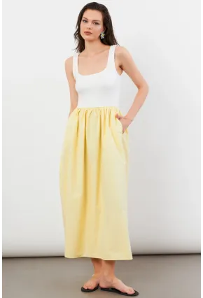 Kadın Ekru-Sarı Kare Yaka Paraşüt Midi Elbise İRE1460