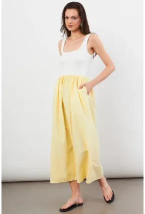 Kadın Ekru-Sarı Kare Yaka Paraşüt Midi Elbise İRE1460