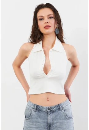 Kadın Ekru Sırtı Açık Düğmeli Bluz LPP1246-90