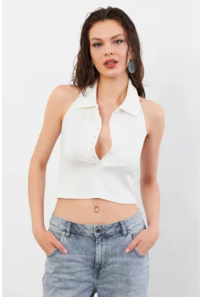 Kadın Ekru Sırtı Açık Düğmeli Bluz LPP1246-90