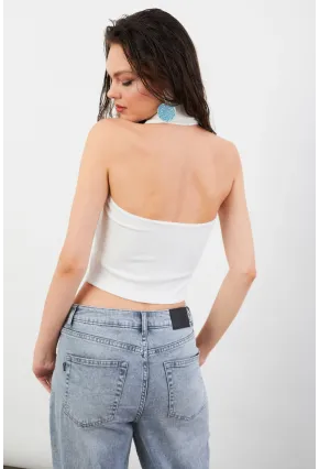 Kadın Ekru Sırtı Açık Düğmeli Bluz LPP1246-90