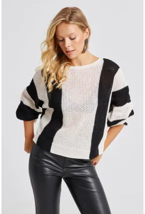 Kadın Ekru-Siyah Ajurlu Triko Kazak YV218