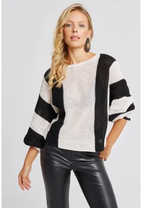 Kadın Ekru-Siyah Ajurlu Triko Kazak YV218