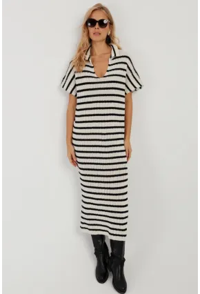 Kadın Ekru-Siyah Ajurlu Triko Midi Elbise YZ622