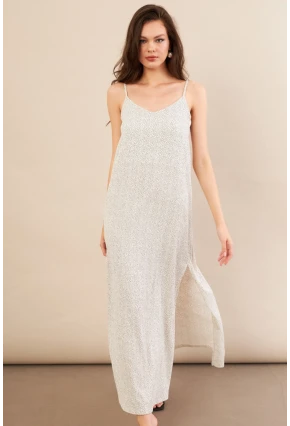 Kadın Ekru-Siyah Askılı Desenli Krinkıl Midi Elbise AYD413