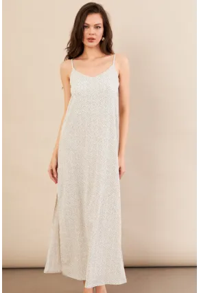 Kadın Ekru-Siyah Askılı Desenli Krinkıl Midi Elbise AYD413