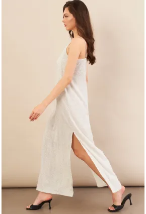 Kadın Ekru-Siyah Askılı Desenli Krinkıl Midi Elbise AYD413