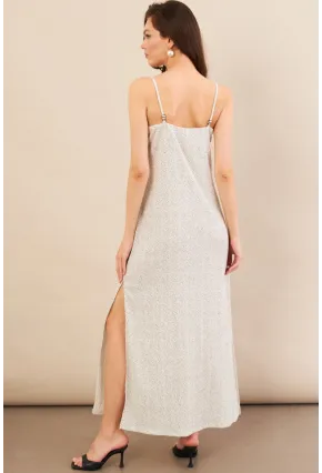 Kadın Ekru-Siyah Askılı Desenli Krinkıl Midi Elbise AYD413