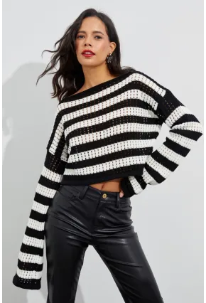 Kadın Ekru-Siyah İspanyol Kol Ajurlu Triko Kısa Bluz YV109