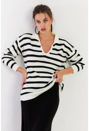 Kadın Ekru-Siyah Polo Yaka Çizgili Triko Kazak COL01