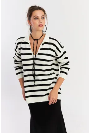 Kadın Ekru-Siyah Polo Yaka Çizgili Triko Kazak COL01