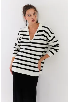 Kadın Ekru-Siyah Polo Yaka Çizgili Triko Kazak COL01