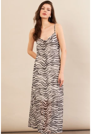 Kadın Ekru-Siyah Sırtı Açık Desenli Midi Tül Elbise İRE992