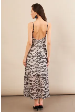 Kadın Ekru-Siyah Sırtı Açık Desenli Midi Tül Elbise İRE992