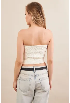 Kadın Ekru Straplez Triko Crop Bluz ZH049