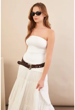 Kadın Ekru Straplez Yanı Yırtmaçlı Bluz MX2006