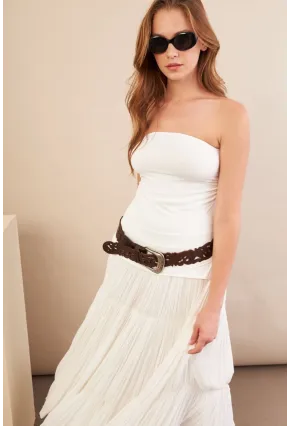 Kadın Ekru Straplez Yanı Yırtmaçlı Bluz MX2006