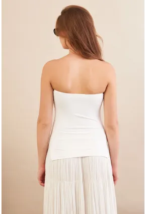 Kadın Ekru Straplez Yanı Yırtmaçlı Bluz MX2006