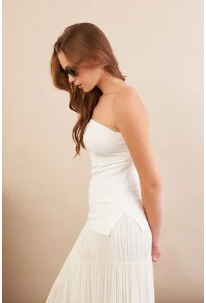 Kadın Ekru Straplez Yanı Yırtmaçlı Bluz MX2006