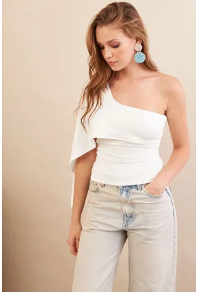 Kadın Ekru Tek Omuz Bluz AN6015