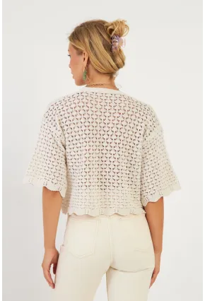 Kadın Ekru Triko Ajurlu Hırka YV255