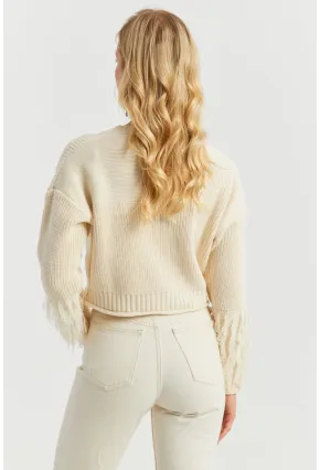 Kadın Ekru Triko Kısa Kazak YZ526
