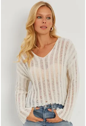 Kadın Ekru V Yaka Ajurlu Triko Bluz YV233