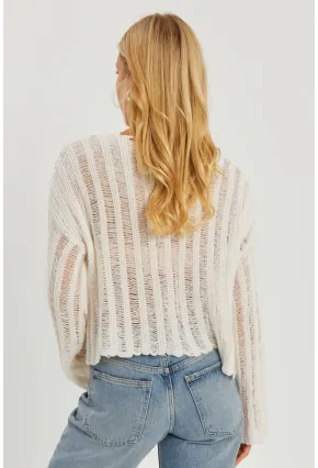 Kadın Ekru V Yaka Ajurlu Triko Bluz YV233