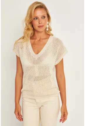 Kadın Ekru V Yaka Fileli Bluz SMT230