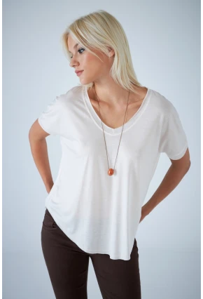 Kadın Ekru V Yaka Rahat T-Shirt LPP1310