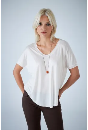 Kadın Ekru V Yaka Rahat T-Shirt LPP1310