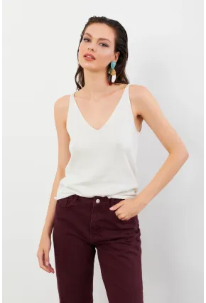 Kadın Ekru V Yaka Triko Bluz KZ546