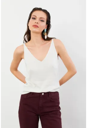 Kadın Ekru V Yaka Triko Bluz KZ546