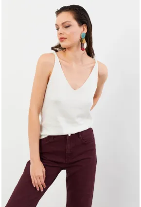 Kadın Ekru V Yaka Triko Bluz KZ546
