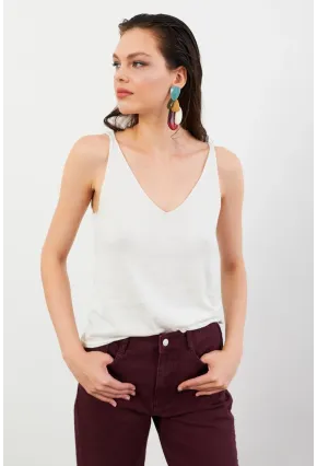 Kadın Ekru V Yaka Triko Bluz KZ546