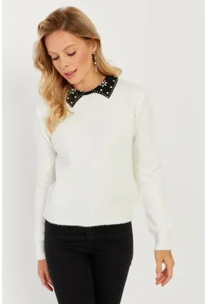 Kadın Ekru Yakası Taşlı Triko Kazak KED1213