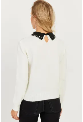 Kadın Ekru Yakası Taşlı Triko Kazak KED1213