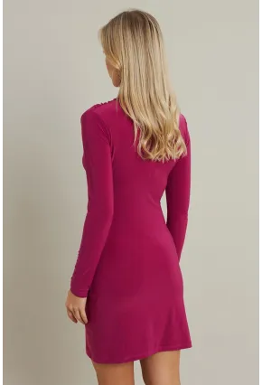 Kadın Fuşya Büzgülü Dik Yaka Mini Elbise ELT3138-90