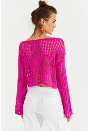 Kadın Fuşya İspanyol Kol Ajurlu Triko Kısa Bluz SMT181