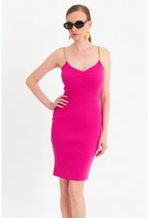Kadın Fuşya Zincir Askılı Kaşkorse Midi Elbise UR204