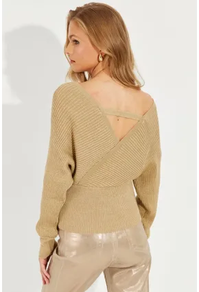 Kadın Gold Rengi Kruvaze Simli Kazak KED125