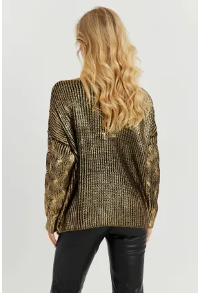 Kadın Gold Rengi Varaklı Triko Kazak SF2533