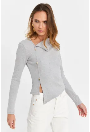 Kadın Gri Düğme Aksesuarlı Çapraz Yaka Bluz TF52