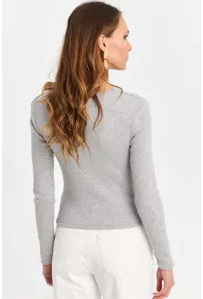 Kadın Gri Düğme Aksesuarlı Çapraz Yaka Bluz TF52