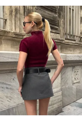 Kadın Gri Kemerli Şort Etek